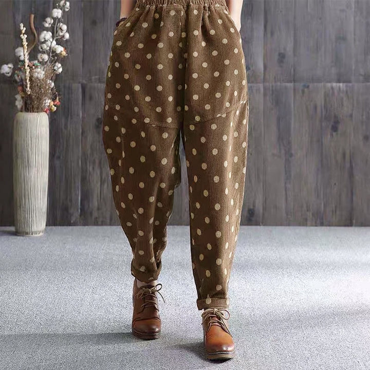 Pantaloni harem in velluto a coste con stampa a pois e tasche da donna Buddha Stones - Verga d'oro scura - US8-10, UK/AU12-14, EU40-42 (2XL) - image 0