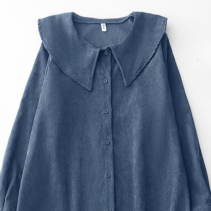 Abito midi in velluto a coste con maniche lunghe e tasche, motivo a bottoni semplici, motivo Buddha Stones Fall - image 2