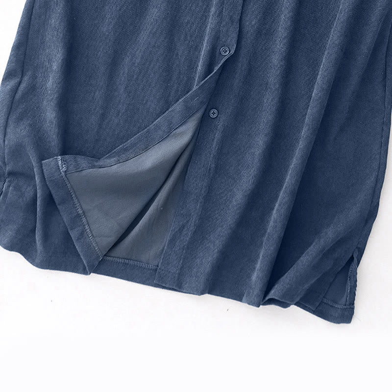 Abito midi in velluto a coste con maniche lunghe e tasche, motivo a bottoni semplici, motivo Buddha Stones Fall - image 3