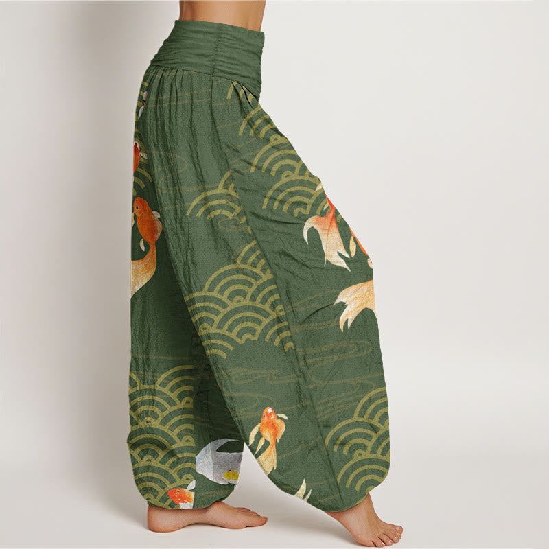 Pantaloni harem da donna con elastico in vita, in puro cotone, con motivo a ventaglio di pesci koi rossi e Buddha Stones - image 2
