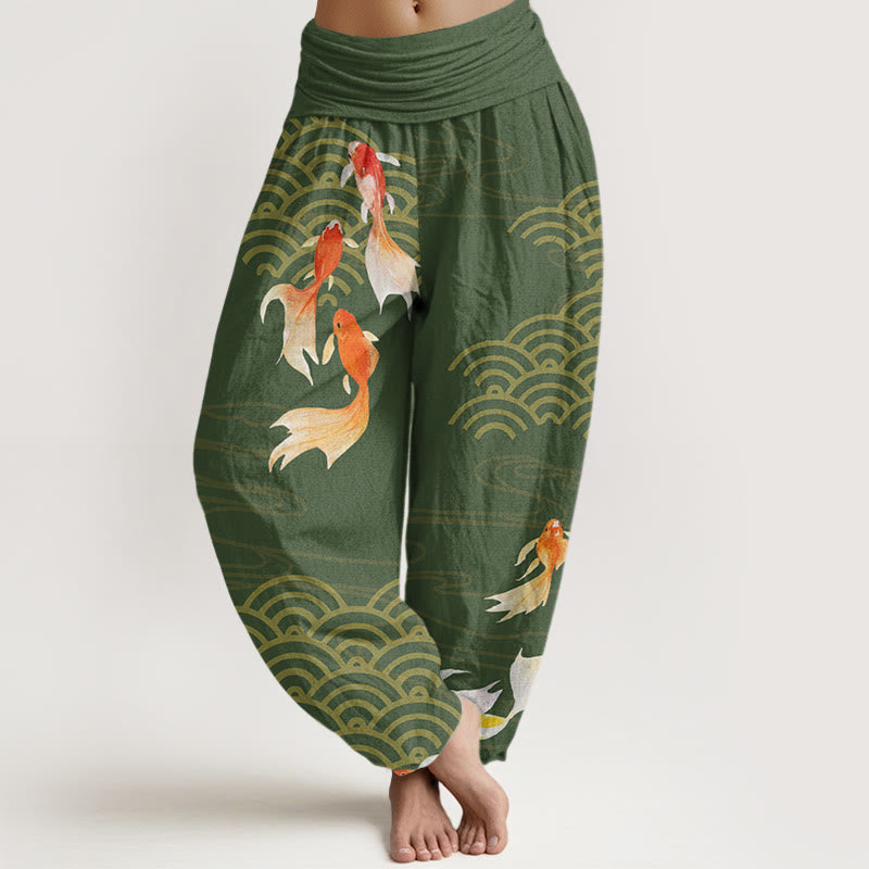 Pantaloni harem da donna con elastico in vita, in puro cotone, con motivo a ventaglio di pesci koi rossi e Buddha Stones - Verdemare medio - US16, UK/AU20, EU48 (3XL) - image 0