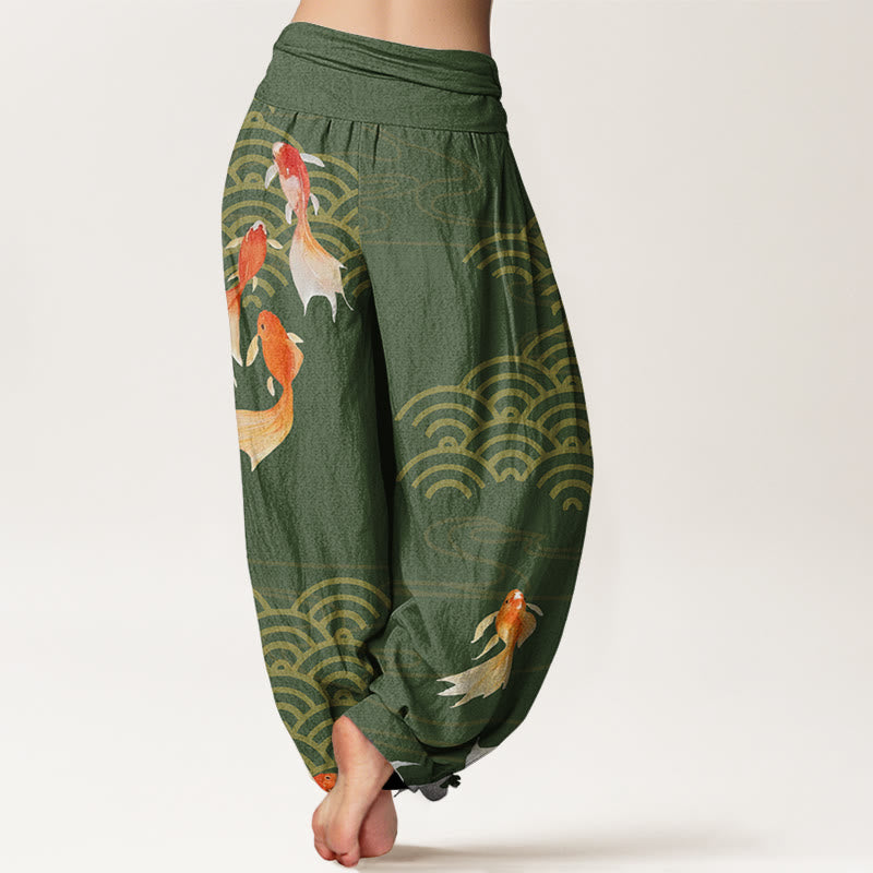 Pantaloni harem da donna con elastico in vita, in puro cotone, con motivo a ventaglio di pesci koi rossi e Buddha Stones - image 1