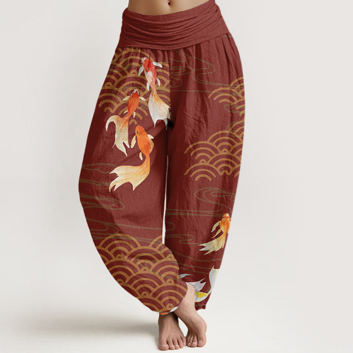 Pantaloni harem da donna con elastico in vita, in puro cotone, con motivo a ventaglio di pesci koi rossi e Buddha Stones - Mattoni refrattari - US16, UK/AU20, EU48 (3XL) - image 5