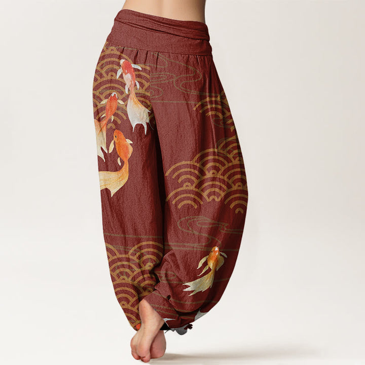 Pantaloni harem da donna con elastico in vita, in puro cotone, con motivo a ventaglio di pesci koi rossi e Buddha Stones - image 6