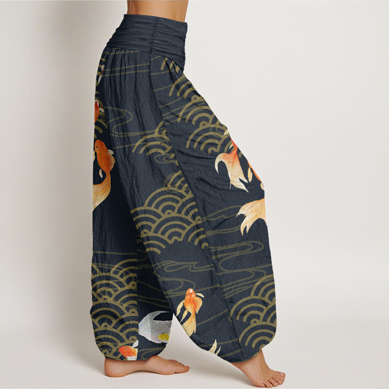 Pantaloni harem da donna con elastico in vita, in puro cotone, con motivo a ventaglio di pesci koi rossi e Buddha Stones - image 10
