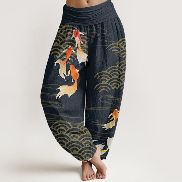 Pantaloni harem da donna con elastico in vita, in puro cotone, con motivo a ventaglio di pesci koi rossi e Buddha Stones - Nero - US16, UK/AU20, EU48 (3XL) - image 8