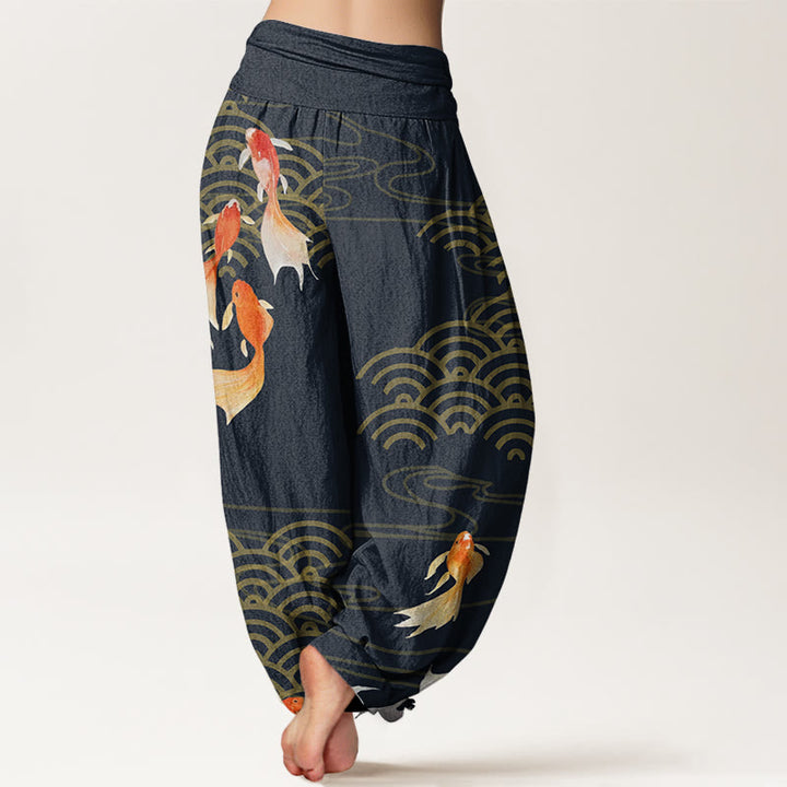 Pantaloni harem da donna con elastico in vita, in puro cotone, con motivo a ventaglio di pesci koi rossi e Buddha Stones - image 9