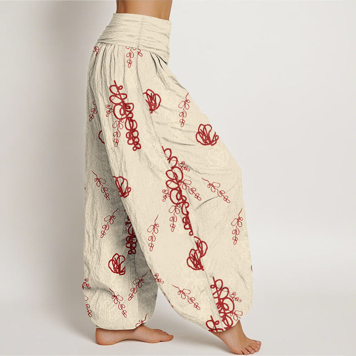 Pantaloni harem in cotone con elastico in vita, da donna, con stampa Buddha Stones, fiori dipinti a mano e motivo di rami - image 2