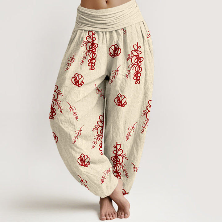 Pantaloni harem in cotone con elastico in vita, da donna, con stampa Buddha Stones, fiori dipinti a mano e motivo di rami - Beige e rosso - US16, UK/AU20, EU48 (3XL) - image 0