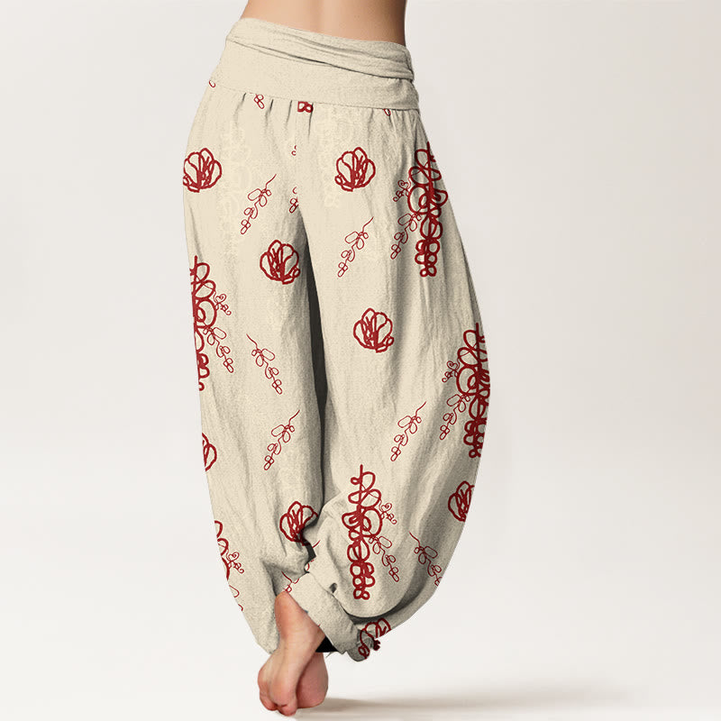 Pantaloni harem in cotone con elastico in vita, da donna, con stampa Buddha Stones, fiori dipinti a mano e motivo di rami - image 1