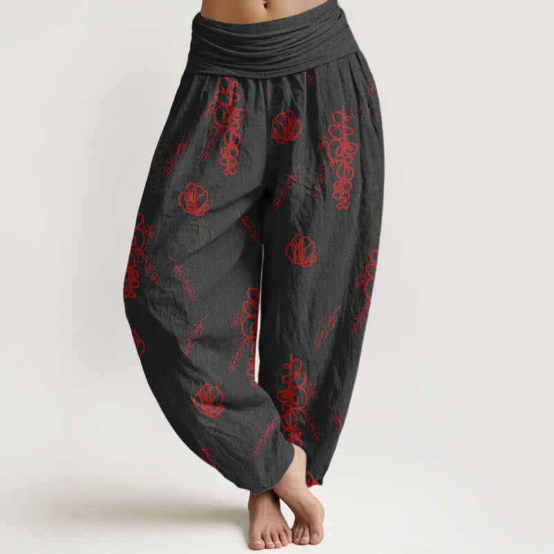 Pantaloni harem in cotone con elastico in vita, da donna, con stampa Buddha Stones, fiori dipinti a mano e motivo di rami - Nero e rosso - US16, UK/AU20, EU48 (3XL) - image 5