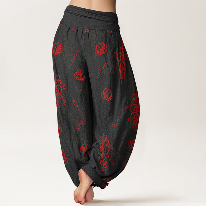 Pantaloni harem in cotone con elastico in vita, da donna, con stampa Buddha Stones, fiori dipinti a mano e motivo di rami - image 6