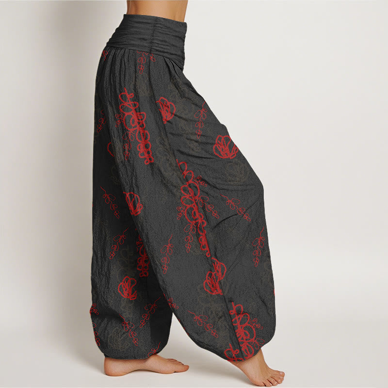 Pantaloni harem in cotone con elastico in vita, da donna, con stampa Buddha Stones, fiori dipinti a mano e motivo di rami - image 7