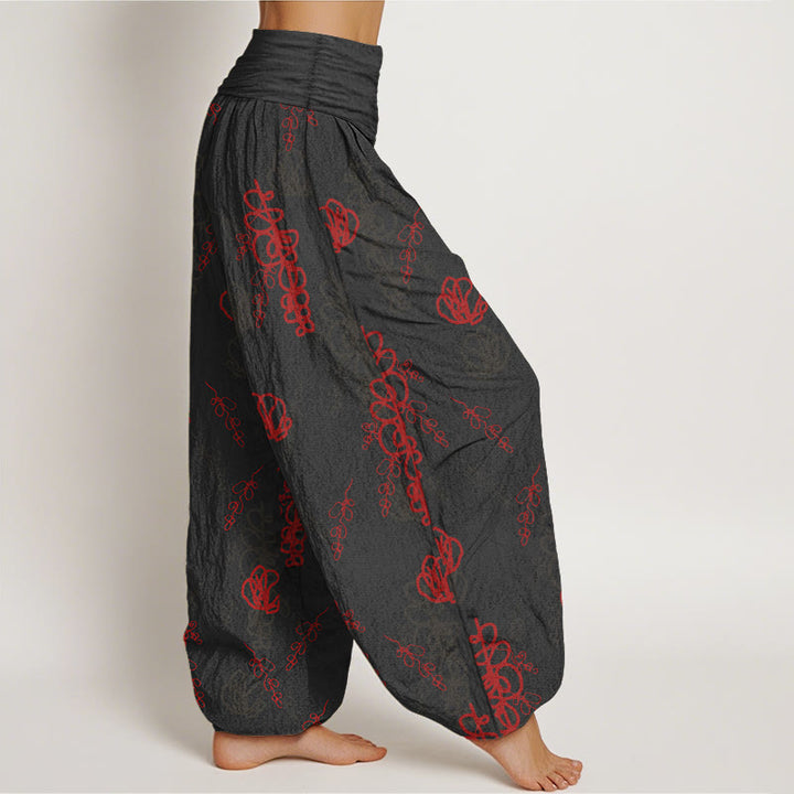 Pantaloni harem in cotone con elastico in vita, da donna, con stampa Buddha Stones, fiori dipinti a mano e motivo di rami - image 7