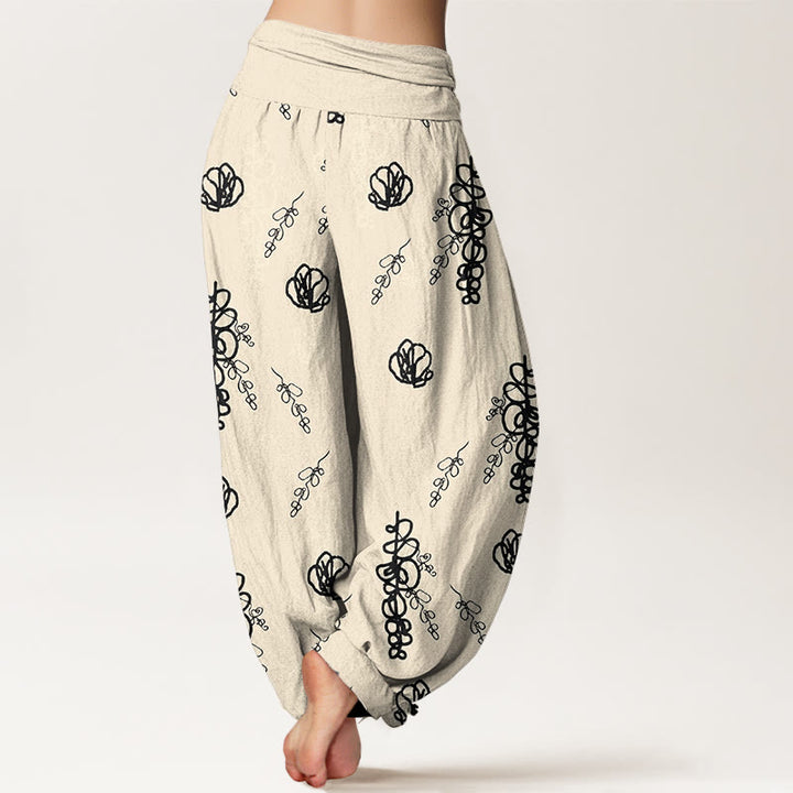 Pantaloni harem in cotone con elastico in vita, da donna, con stampa Buddha Stones, fiori dipinti a mano e motivo di rami - image 9