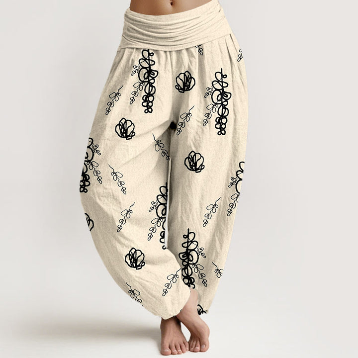 Pantaloni harem in cotone con elastico in vita, da donna, con stampa Buddha Stones, fiori dipinti a mano e motivo di rami - Beige e nero - US16, UK/AU20, EU48 (3XL) - image 8