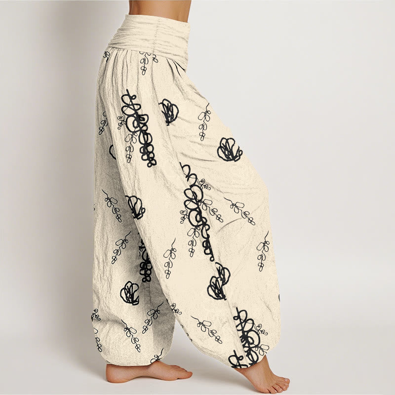 Pantaloni harem in cotone con elastico in vita, da donna, con stampa Buddha Stones, fiori dipinti a mano e motivo di rami - image 10