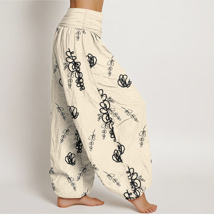 Pantaloni harem in cotone con elastico in vita, da donna, con stampa Buddha Stones, fiori dipinti a mano e motivo di rami - image 10