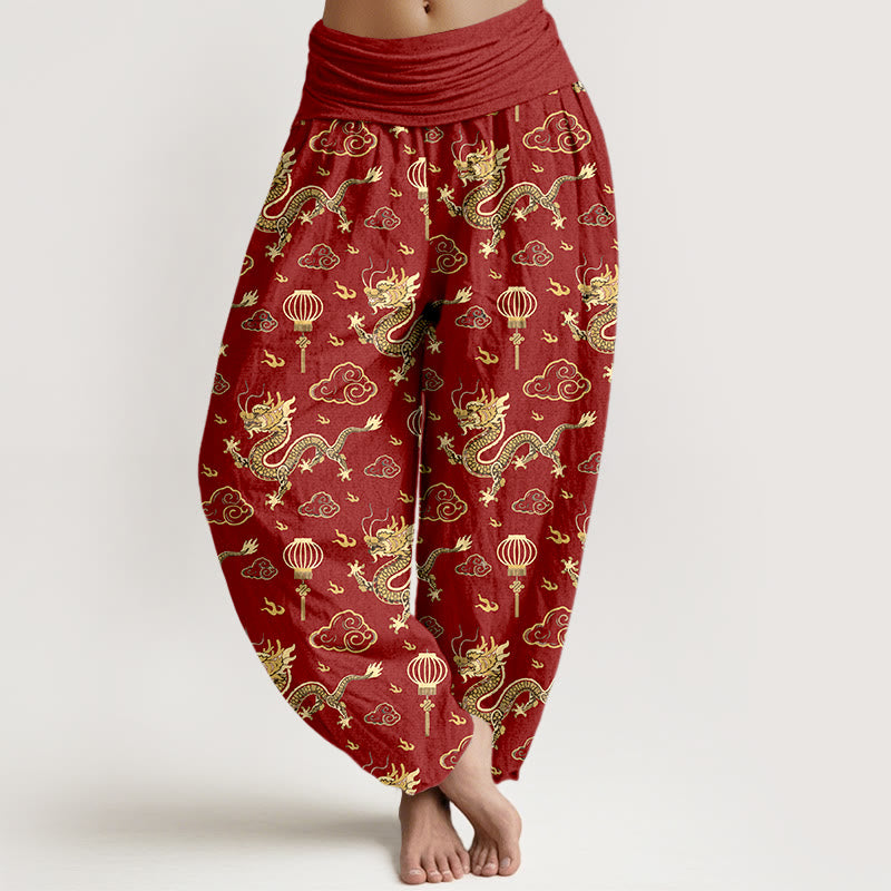 Pantaloni harem in cotone con elastico in vita, da donna, con stampa Buddha Stones, drago, nuvola di buon auspicio, lanterna - Rosso - US16, UK/AU20, EU48 (3XL) - image 0