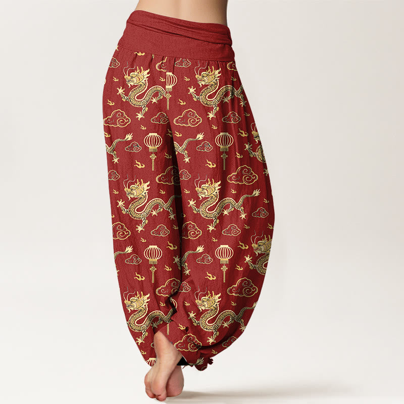 Pantaloni harem in cotone con elastico in vita, da donna, con stampa Buddha Stones, drago, nuvola di buon auspicio, lanterna - image 1