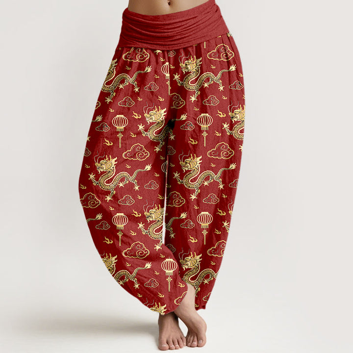 Pantaloni harem in cotone con elastico in vita, da donna, con stampa Buddha Stones, drago, nuvola di buon auspicio, lanterna - Rosso - US16, UK/AU20, EU48 (3XL) - image 0