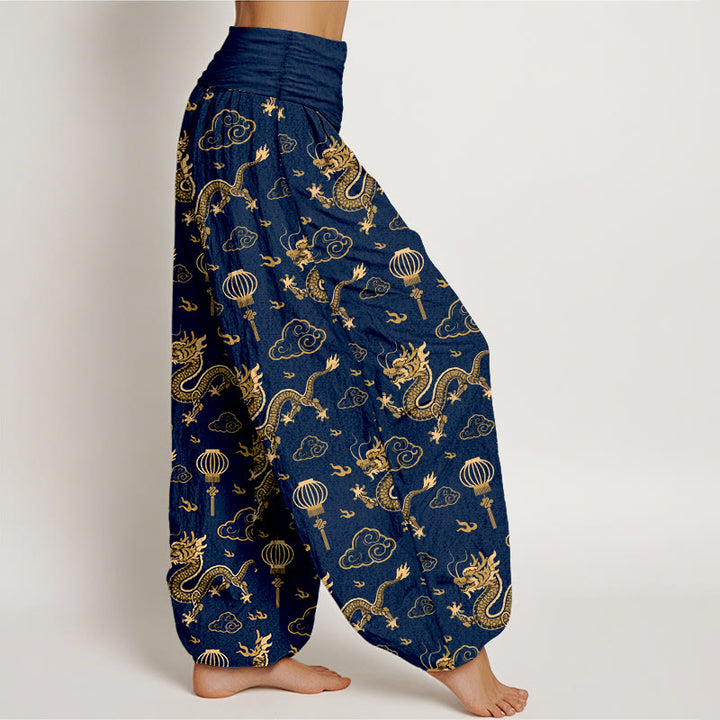 Pantaloni harem in cotone con elastico in vita, da donna, con stampa Buddha Stones, drago, nuvola di buon auspicio, lanterna - image 7