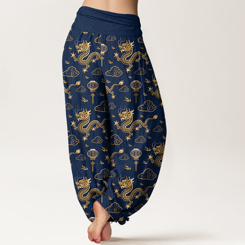 Pantaloni harem in cotone con elastico in vita, da donna, con stampa Buddha Stones, drago, nuvola di buon auspicio, lanterna - image 6