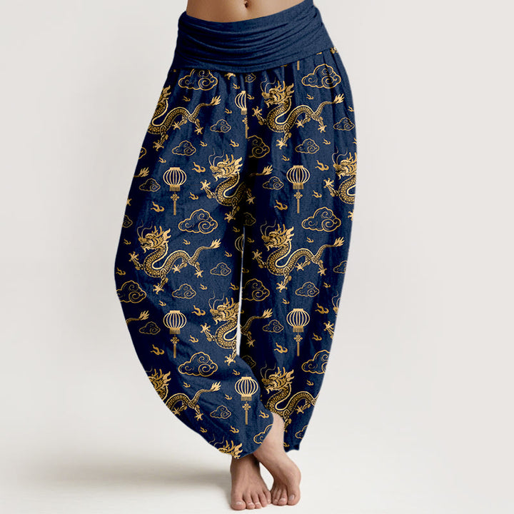 Pantaloni harem in cotone con elastico in vita, da donna, con stampa Buddha Stones, drago, nuvola di buon auspicio, lanterna - Blu notte - US16, UK/AU20, EU48 (3XL) - image 5