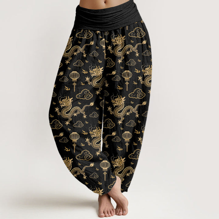 Pantaloni harem in cotone con elastico in vita, da donna, con stampa Buddha Stones, drago, nuvola di buon auspicio, lanterna - Nero - US16, UK/AU20, EU48 (3XL) - image 8