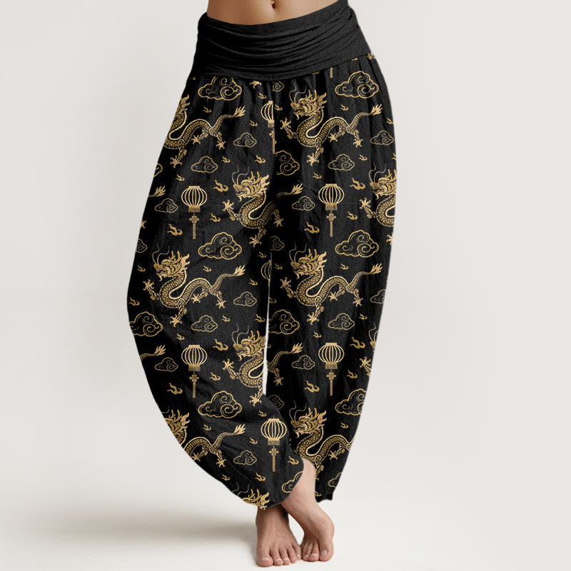 Pantaloni harem in cotone con elastico in vita, da donna, con stampa Buddha Stones, drago, nuvola di buon auspicio, lanterna - Nero - US16, UK/AU20, EU48 (3XL) - image 8