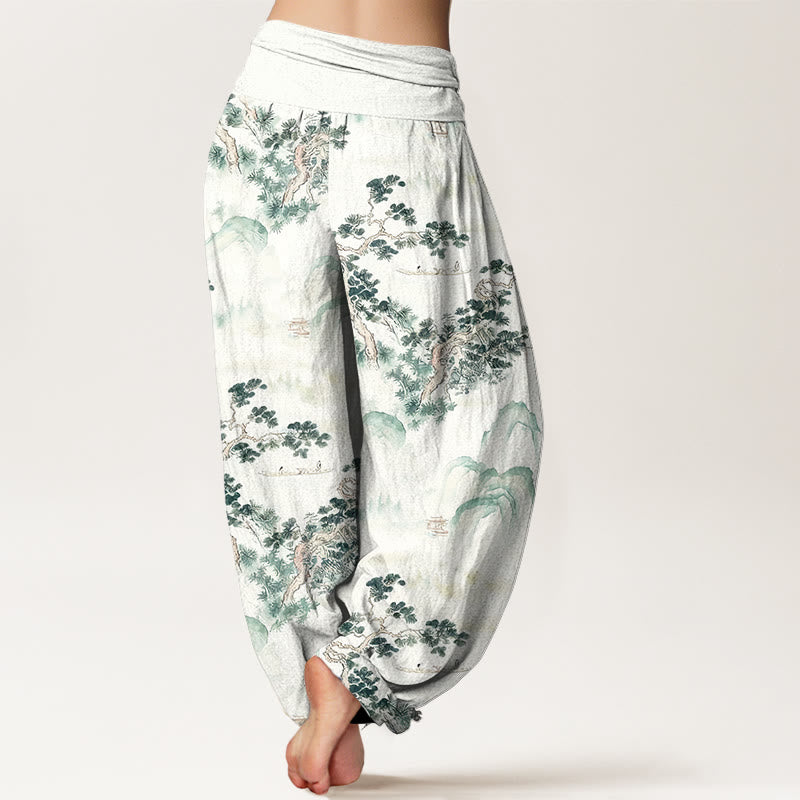 Pantaloni harem da donna in puro cotone con elastico in vita e stampa di Buddha Stones, pini, montagne - image 1