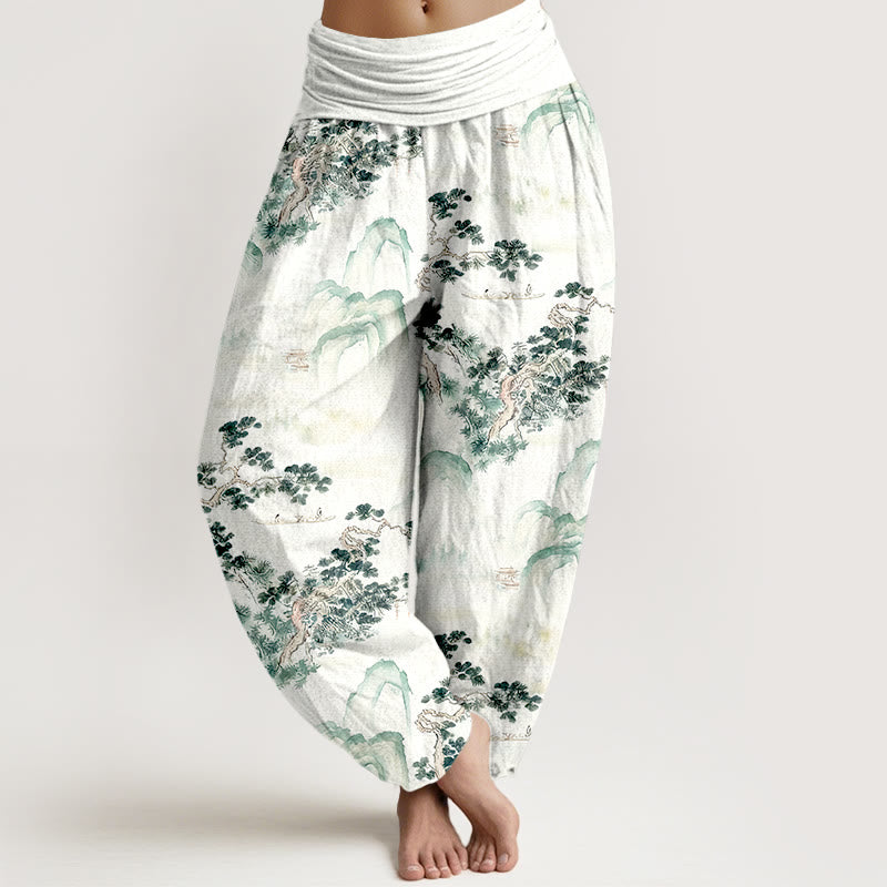 Pantaloni harem da donna in puro cotone con elastico in vita e stampa di Buddha Stones, pini, montagne - Verde mare - US16, UK/AU20, EU48 (3XL) - image 0
