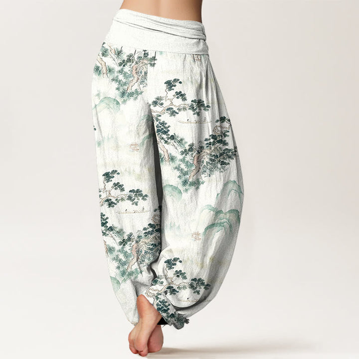 Pantaloni harem da donna in puro cotone con elastico in vita e stampa di Buddha Stones, pini, montagne - image 1