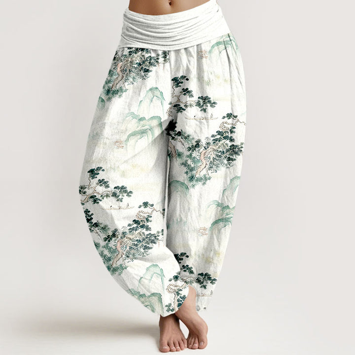Pantaloni harem da donna in puro cotone con elastico in vita e stampa di Buddha Stones, pini, montagne - Verde mare - US16, UK/AU20, EU48 (3XL) - image 0