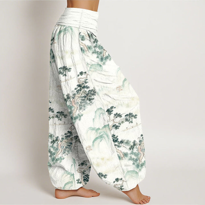 Pantaloni harem da donna in puro cotone con elastico in vita e stampa di Buddha Stones, pini, montagne - image 2