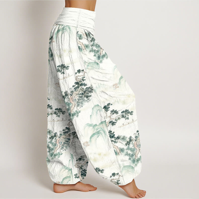 Pantaloni harem da donna in puro cotone con elastico in vita e stampa di Buddha Stones, pini, montagne - image 2
