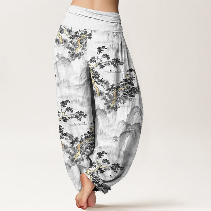 Pantaloni harem da donna in puro cotone con elastico in vita e stampa di Buddha Stones, pini, montagne - image 6