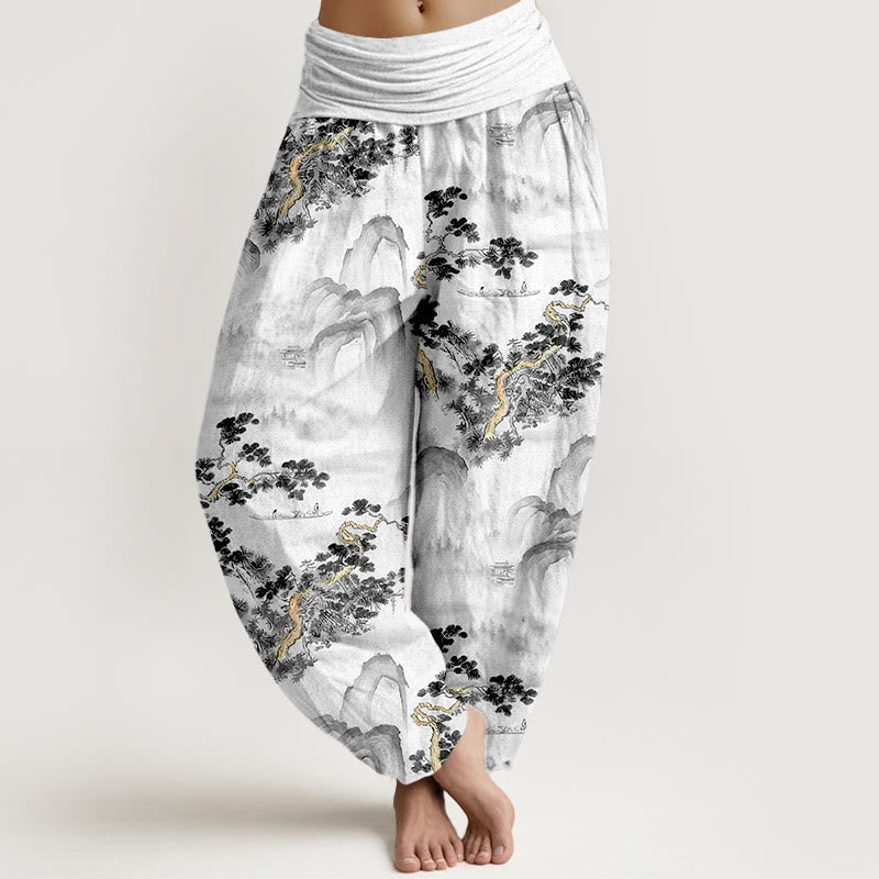 Pantaloni harem da donna in puro cotone con elastico in vita e stampa di Buddha Stones, pini, montagne - Nero - US16, UK/AU20, EU48 (3XL) - image 5