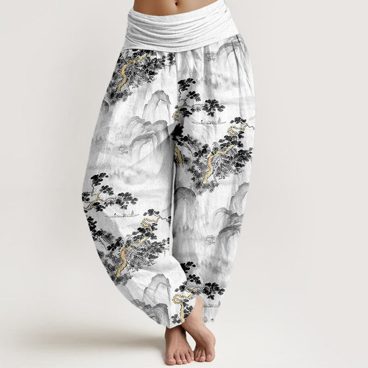 Pantaloni harem da donna in puro cotone con elastico in vita e stampa di Buddha Stones, pini, montagne - Nero - US16, UK/AU20, EU48 (3XL) - image 5