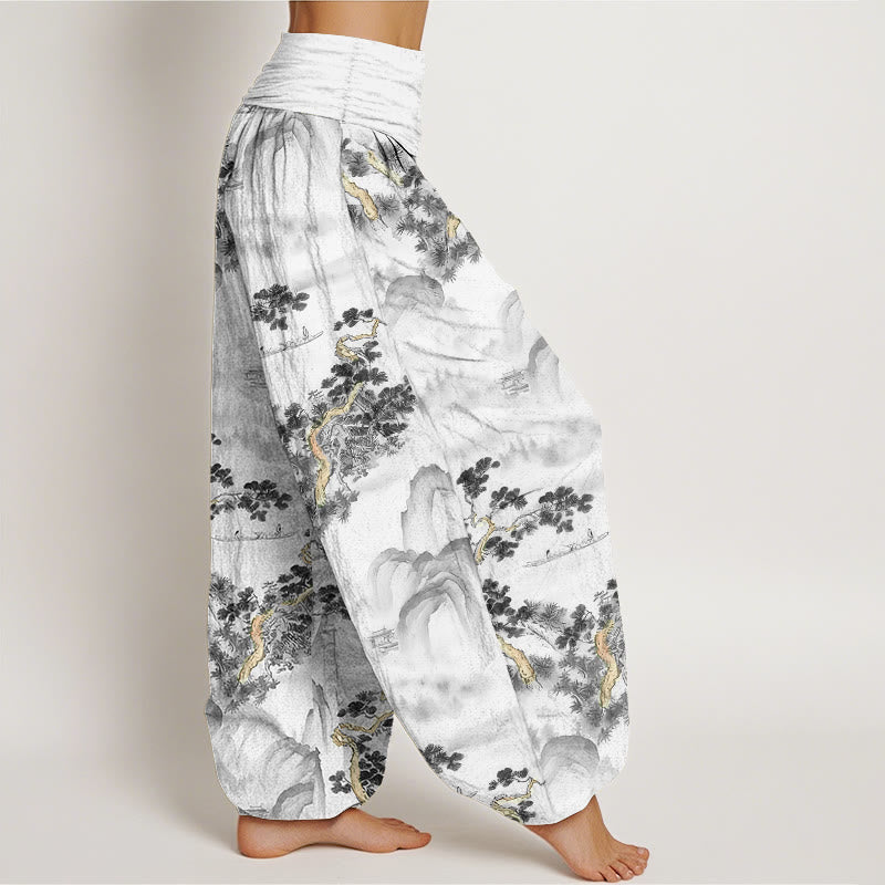 Pantaloni harem da donna in puro cotone con elastico in vita e stampa di Buddha Stones, pini, montagne - image 7