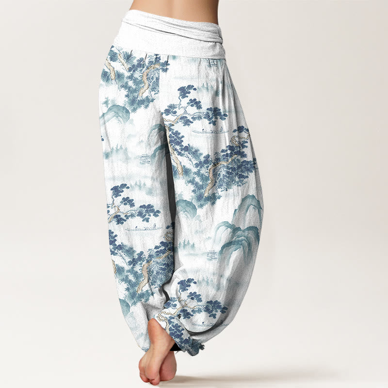 Pantaloni harem da donna in puro cotone con elastico in vita e stampa di Buddha Stones, pini, montagne - image 10