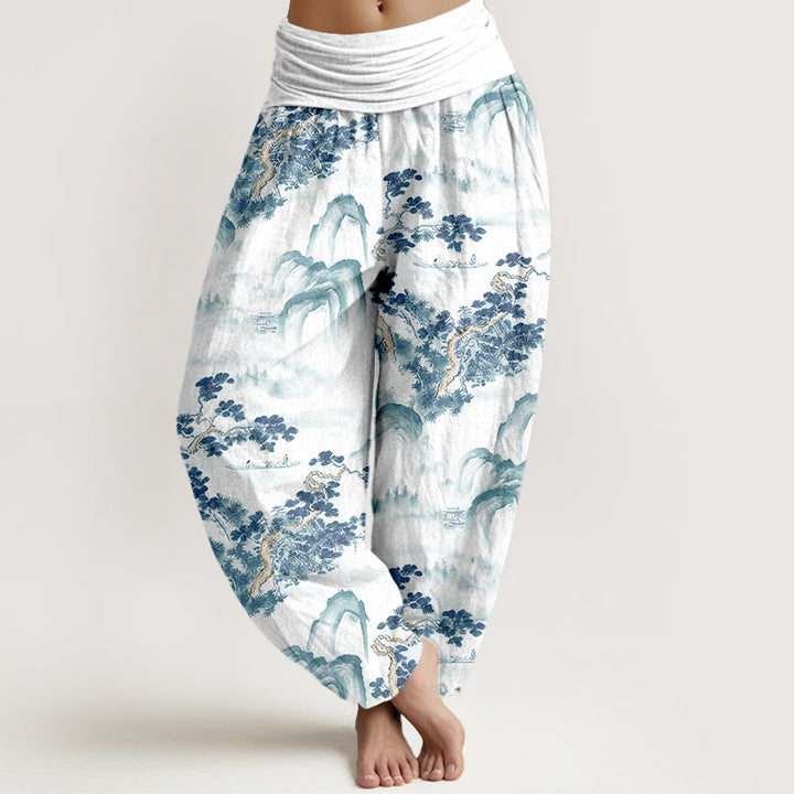 Pantaloni harem da donna in puro cotone con elastico in vita e stampa di Buddha Stones, pini, montagne - Cielo blu - US16, UK/AU20, EU48 (3XL) - image 8