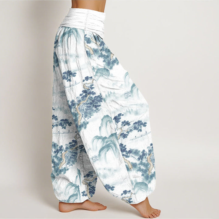 Pantaloni harem da donna in puro cotone con elastico in vita e stampa di Buddha Stones, pini, montagne - image 9