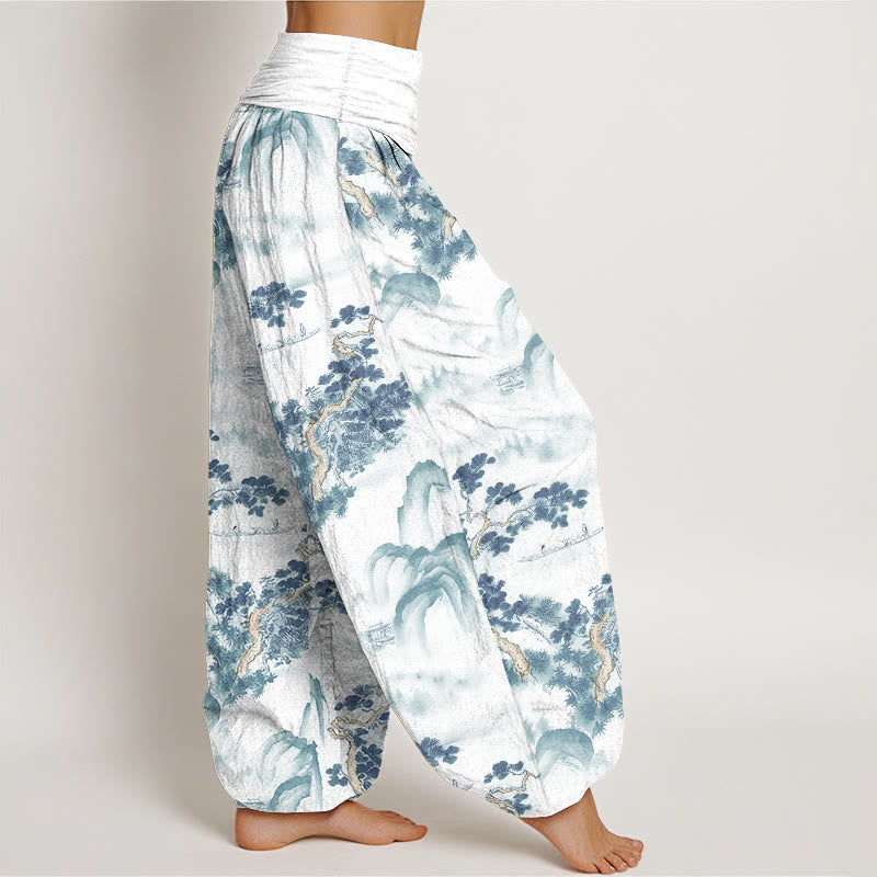 Pantaloni harem da donna in puro cotone con elastico in vita e stampa di Buddha Stones, pini, montagne - image 9