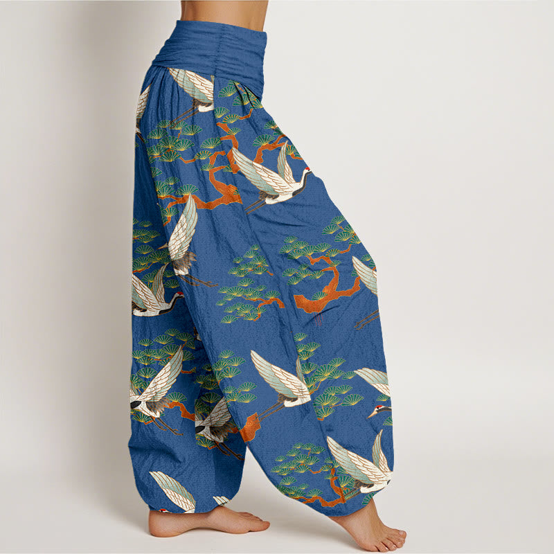 Pantaloni harem da donna in puro cotone con elastico in vita e stampa Buddha Stones, motivo di pino e gru - image 2