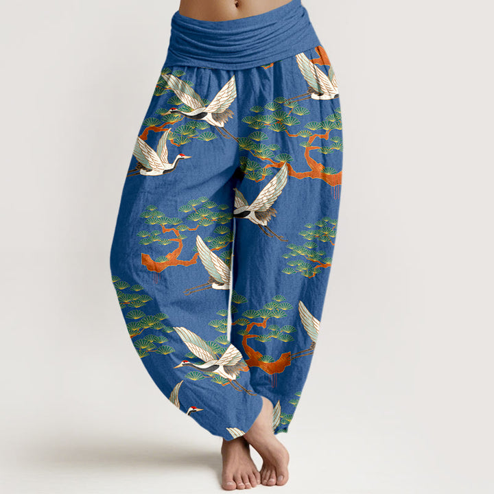 Pantaloni harem da donna in puro cotone con elastico in vita e stampa Buddha Stones, motivo di pino e gru - Blu Reale - US16, UK/AU20, EU48 (3XL) - image 0