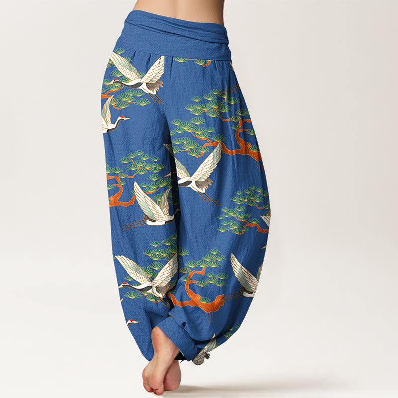 Pantaloni harem da donna in puro cotone con elastico in vita e stampa Buddha Stones, motivo di pino e gru - image 1