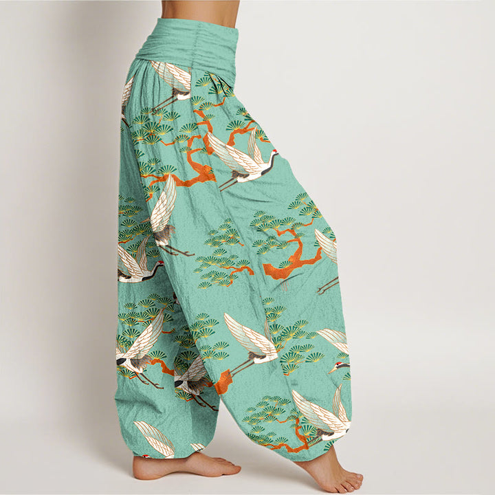 Pantaloni harem da donna in puro cotone con elastico in vita e stampa Buddha Stones, motivo di pino e gru - image 7