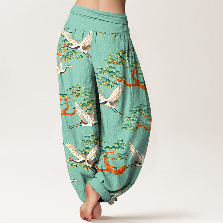 Pantaloni harem da donna in puro cotone con elastico in vita e stampa Buddha Stones, motivo di pino e gru - image 6