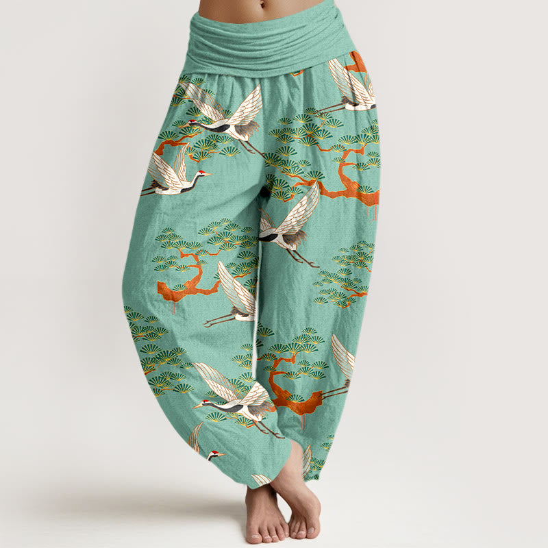 Pantaloni harem da donna in puro cotone con elastico in vita e stampa Buddha Stones, motivo di pino e gru - Verdemare medio - US16, UK/AU20, EU48 (3XL) - image 5